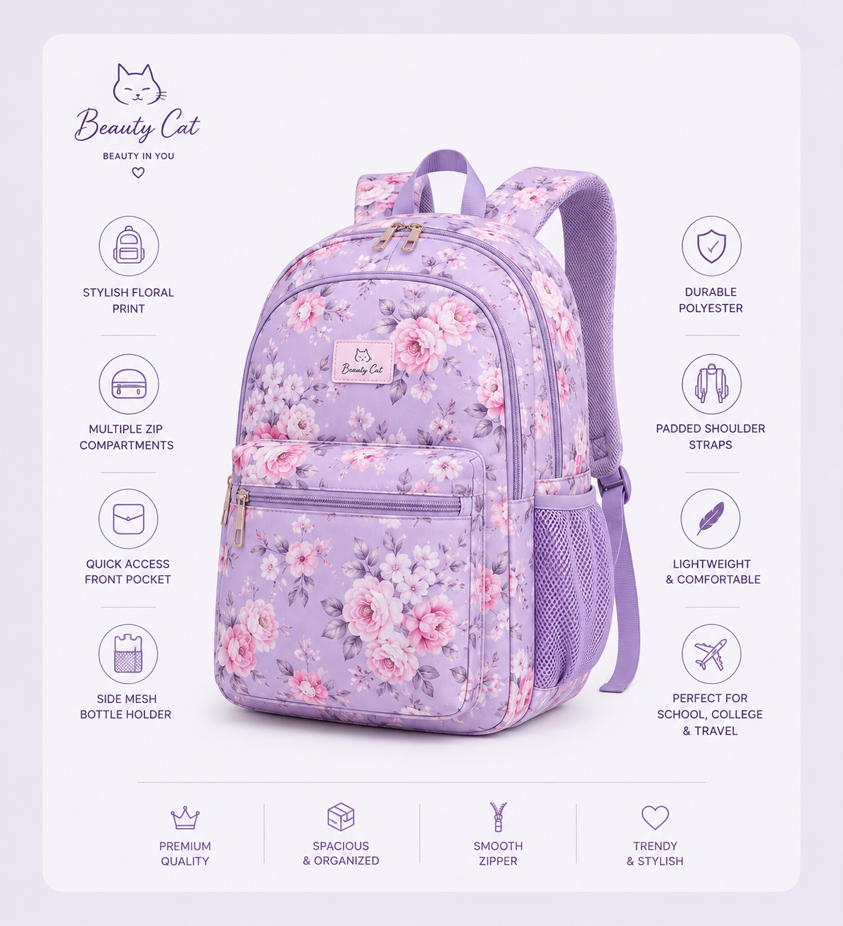 Beauty Cat Floral School Backpack